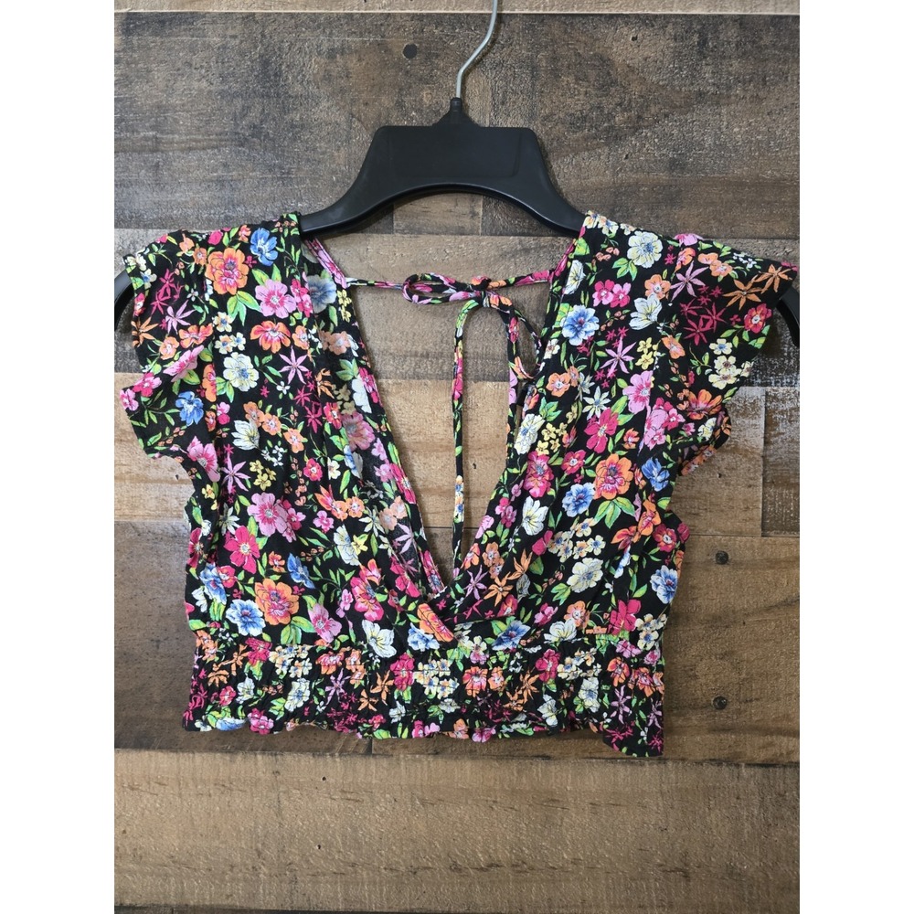 Women Smocked Floral Low Cut Crop Top Bralette Boho Festival Cottage Beach XS
